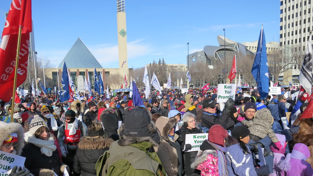 Part of the crowd of nurses and other public sector workers who gathered in -30 C. temperatures in Edmonton’s Churchill Square in March 2014, the last time an Alberta government tried to attack their pensions (Photo: David J. Climenhaga).