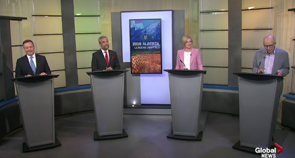 The debaters: From left to right, Jason Kenney, David Khan, Rachel Notley and Stephen Mandel (Photo: Screenshot).