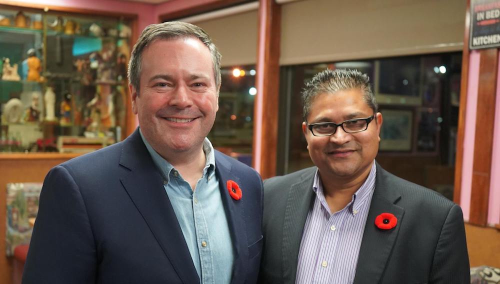 UCP Leader Jason Kenney and his party’s Calgary-East candidate, Peter Singh.