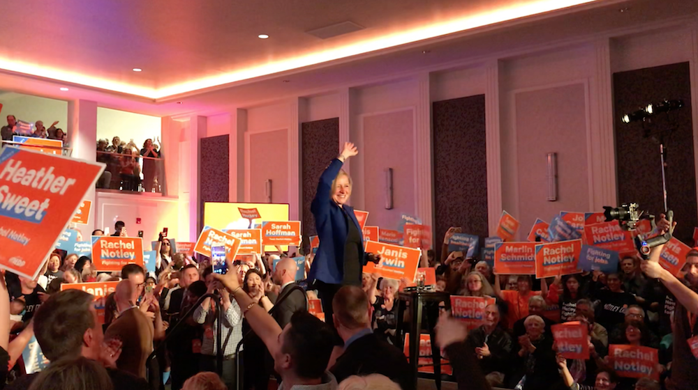 Alberta Premier Rachel Notley as she prepared to leave the stage after her speech in Edmonton yesterday. Photo: David J. Climenhaga.