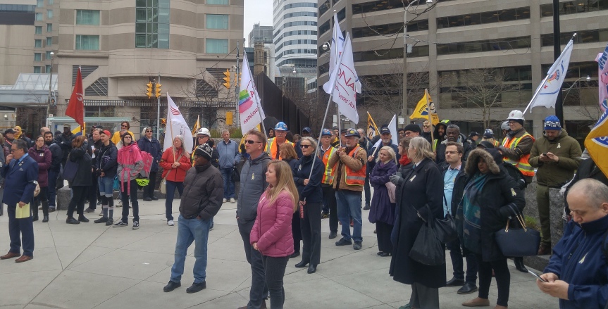 People gather in Toronto on April 29, 2019 to commemorate the National Day of Mourning. Photo: Zaid Noorsumar