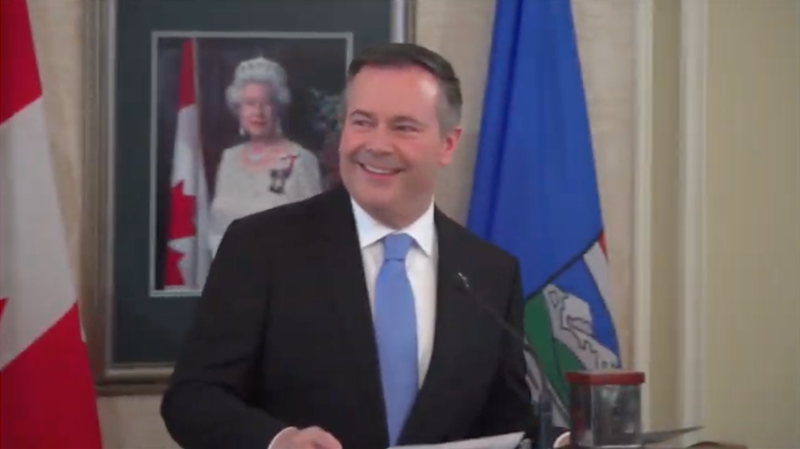 Looking justifiably pleased with himself, Alberta Premier Jason Kenney moments after he was sworn in yesterday (Photo: Screenshot of Government of Alberta video).