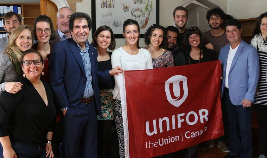 Jerry Dias and Mohamad Alsadi of Unifor visit with Peace Brigades International in Bogota, Colombia in December 2018. Photo by Peace Brigades International.