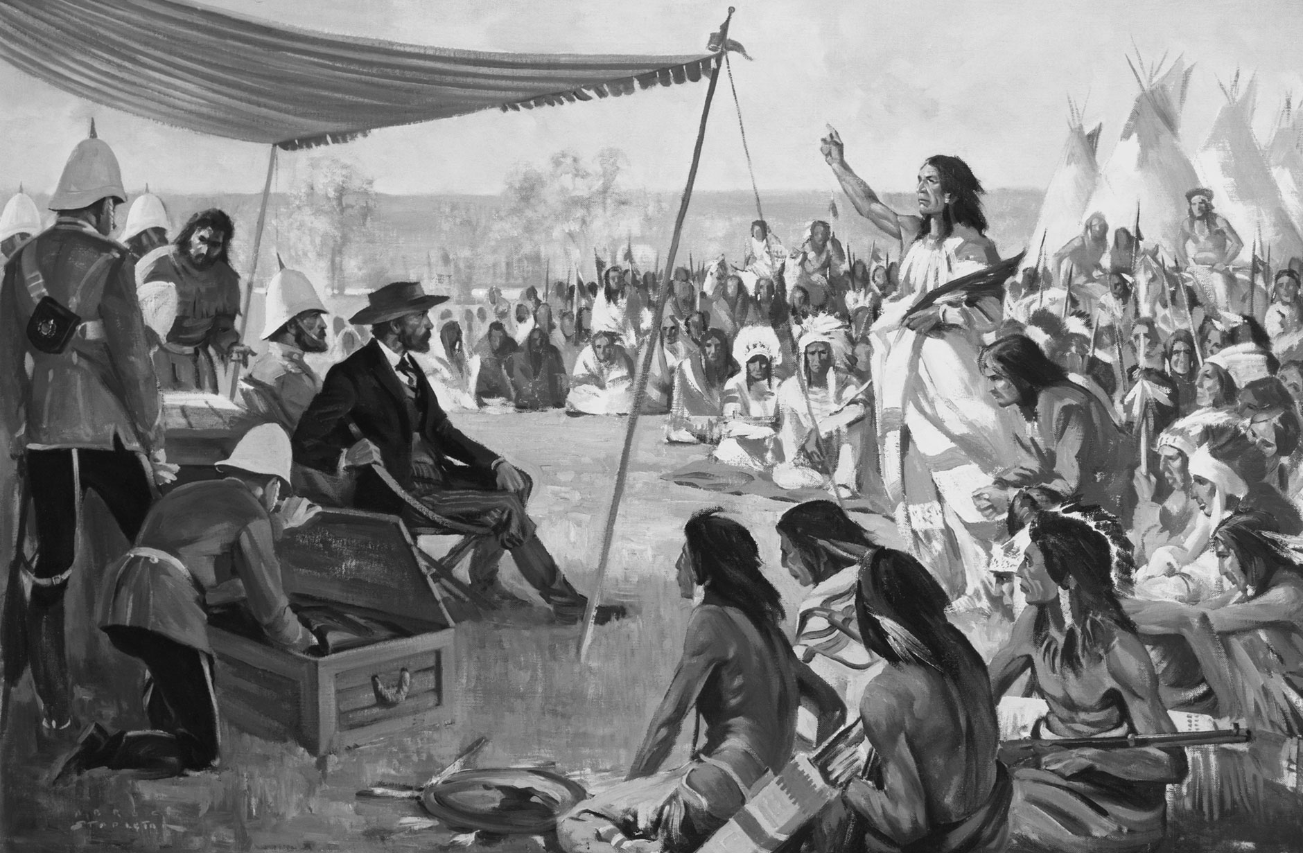 Image: "Treaty Number Seven," painting by Bruce A. Stapleton. Chief Crowfoot addresses Commissioner David Laird seated at the centre and Commissioner James Macleod seated to his left. Jean L’Heureux stands beside Macleod. Source: Saskatoon Public Library Local History Room/Glenbow-Alberta Archives, NA-40-1