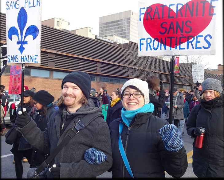 Anti-racism demonstration in Montreal, Nov. 2017. The placards read, “Without Fear, Without Hate,” “Fraternity Without Borders." Photo: Scott Weinstein