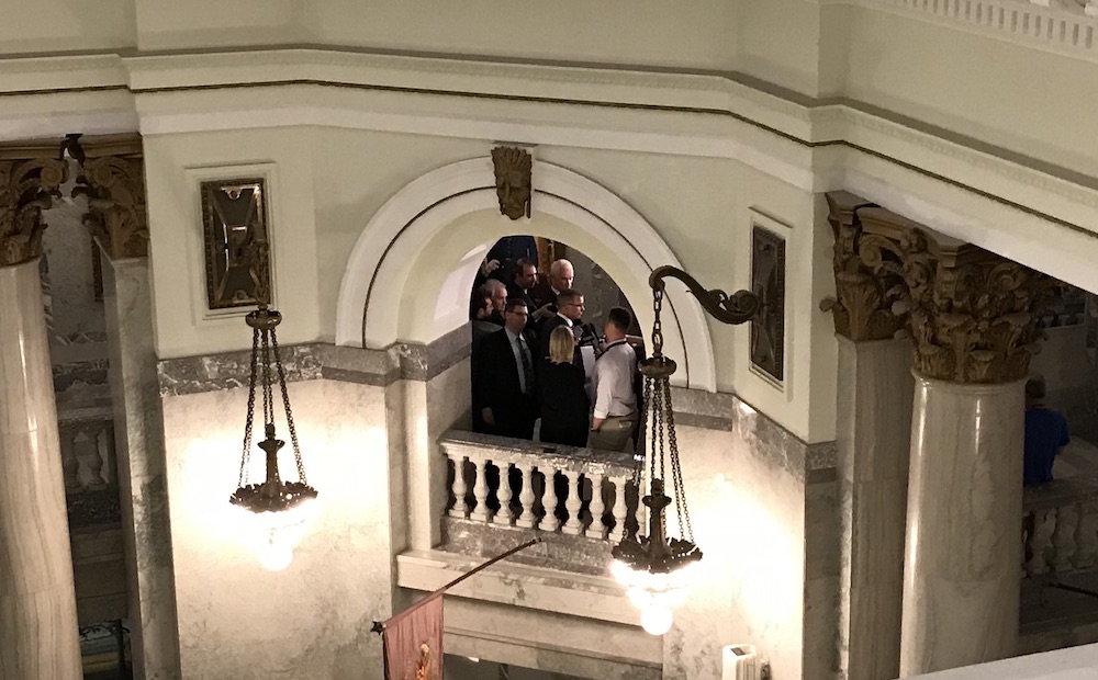 Alberta Finance Minister Travis Toews holds a news conference yesterday in a hallway of the Legislature inaccessible to most members of the public (Photo: David J. Climenhaga).