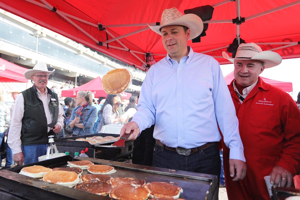 Conservative leader Andrew Scheer flips pancakes at 2019 Cenovus Family Day Breakfast. Photo: Andrew Scheer/Flickr