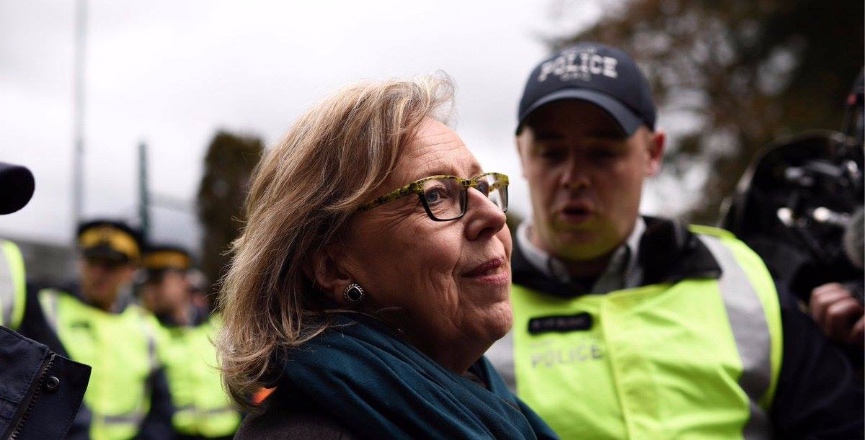 Green Party Leader Elizabeth May at a Trans Mountain pipeline protest on Burnaby Mountain. Photo: Elizabeth May/Facebook