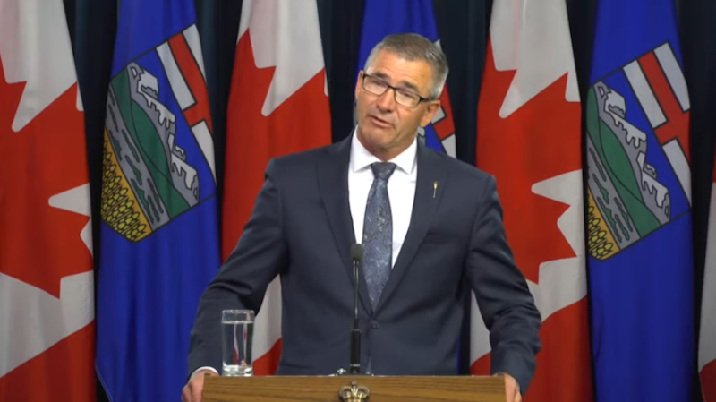 Alberta Finance Minister Travis Toews at Tuesday's first-quarter update news conference. Photo: Screenshot of Government of Alberta video