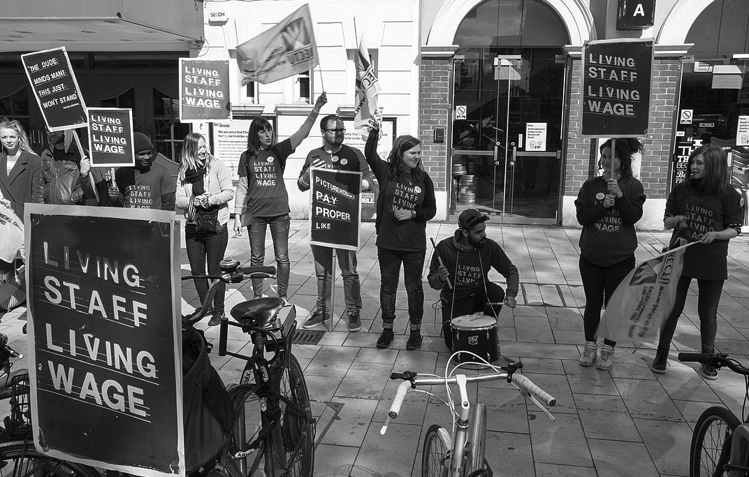 Workers at the Ritzy Cinema, Brixton striking in 2014. Image: M.o.B 68/Wikimedia Commons