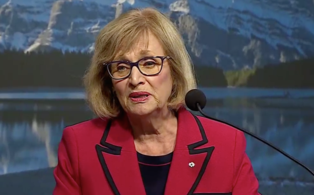 "Blue-ribbon" panel chair Janice MacKinnon during yesterday's Calgary news conference (Image: Screenshot of Government of Alberta video).