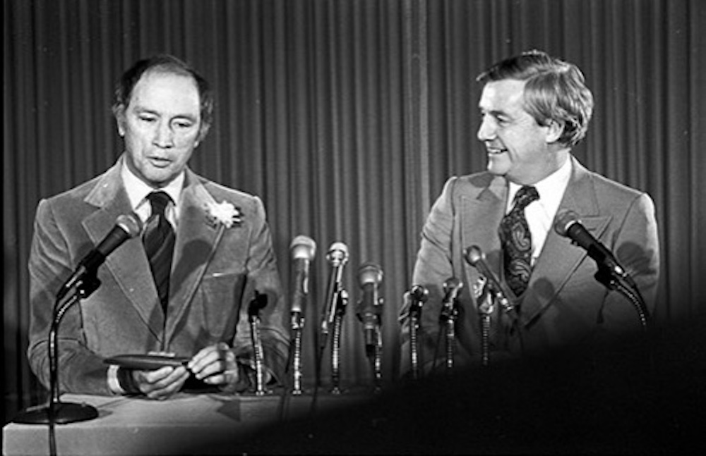 Prime minister Pierre Trudeau and Alberta premier Peter Lougheed in 1977. Image: Government of Alberta