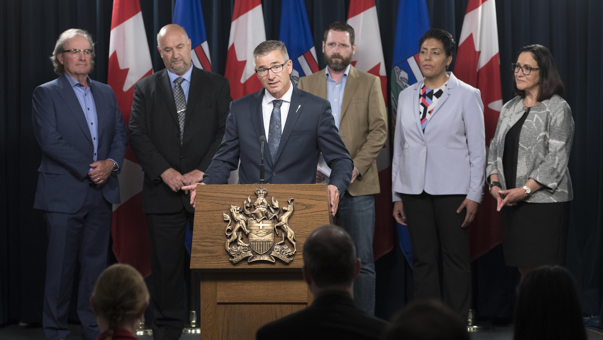 L-R: Terry O'Flynn (Alberta Enterprise Group), Rick More (Red Deer & District Chamber of Commerce), Finance Minister Travis Toews, Todd MacKay (Canadian Taxpayers Federation), Sandip Lalli (Calgary Chamber of Commerce) and Janet M. Riopel (Edmonton Chamber of Commerce). Image: Government of Alberta/Flickr