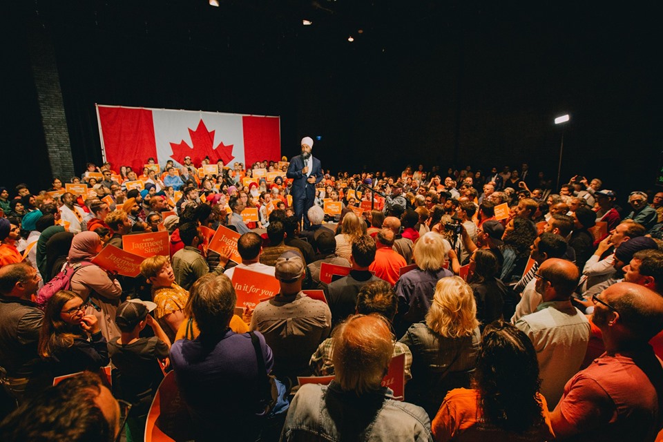 NDP leader addresses crowd during 2019 federal election campaign. Image: Jagmeet Singh/Facebook