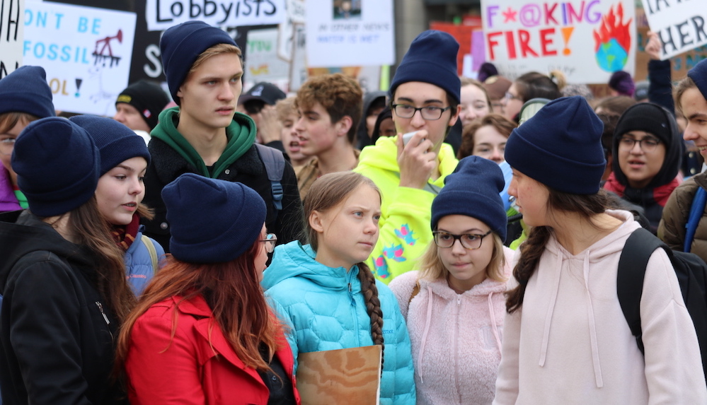 Greta Thunberg, the 16-year-old Swedish environmental activist, at the start of a large march through Edmonton yesterday. Image: David J. Climenhaga