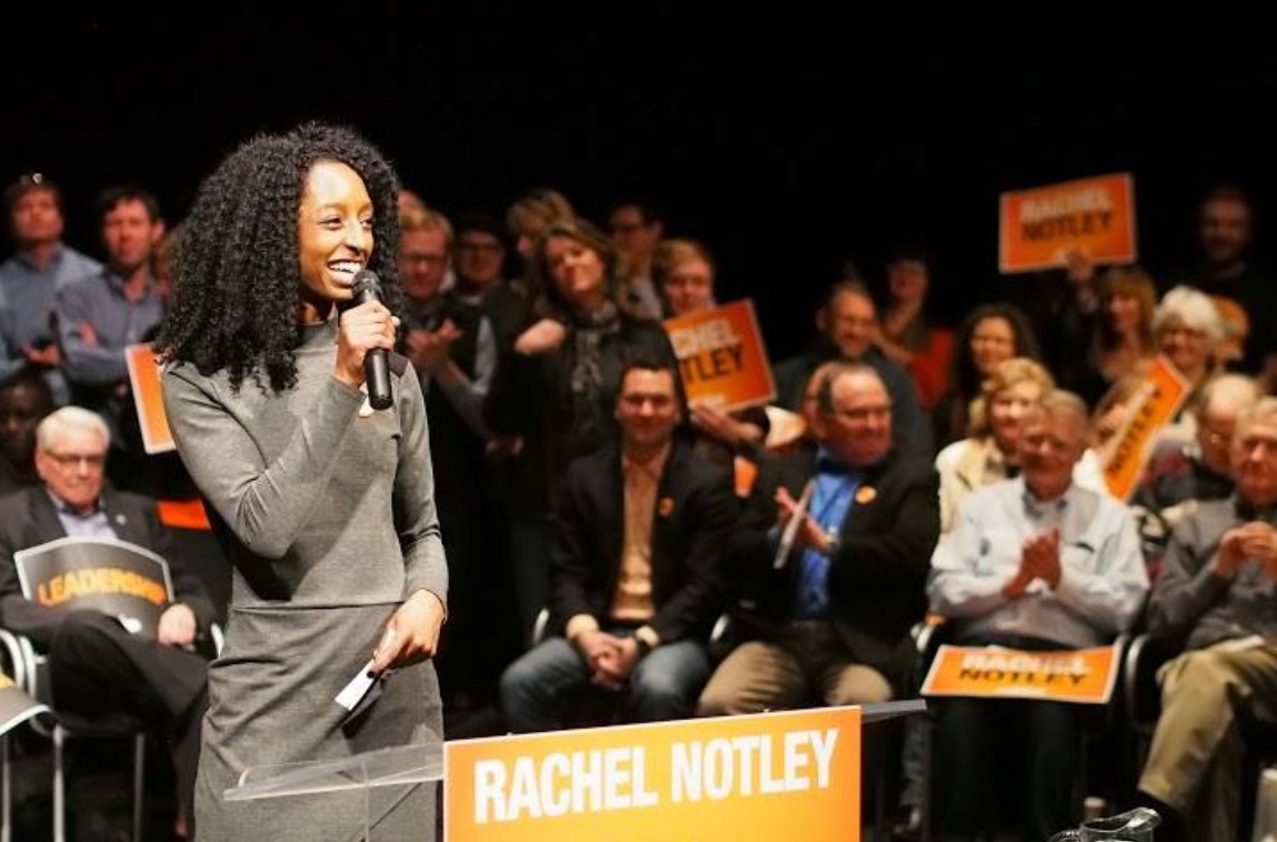 Reakash Walters nominates Rachel Notley as the NDP candidate in 2015, shortly before the NDP's historic majority victory. Image: Provided by Reakash Walters