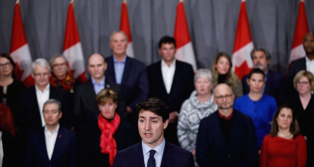 Prime Minister Justin Trudeau speaks with media on January 18, 2019, following a cabinet retreat in Sherbrooke, Quebec. Image: Adam Scotti/PMO