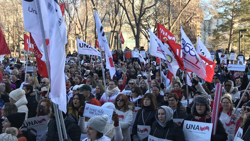 In what is again becoming a typical Alberta scene, workers, this time unionized nurses, protest Kenney Government policies at the Alberta Legislature last week. Image: David J. Climenhaga