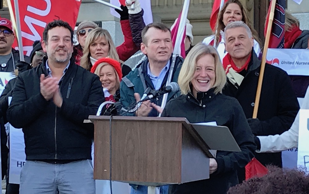 Opposition leader Rachel Notley, on the steps of the Alberta legislature building yesterday. Image: David J. Climenhaga