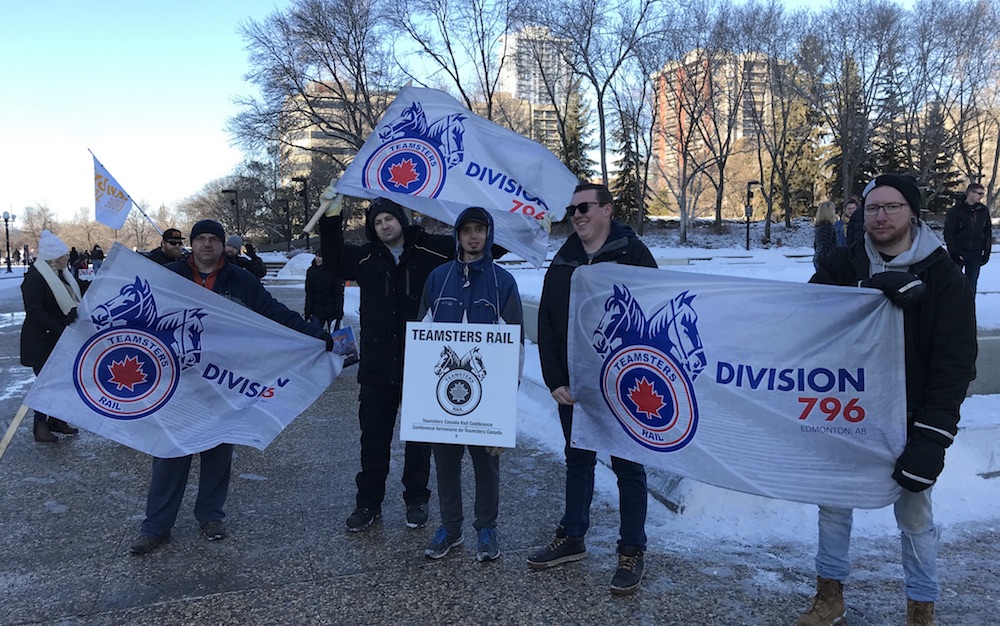 Teamsters Canada Rail Conference strikers at the Alberta legislature last week. Image: David J. Climenhaga