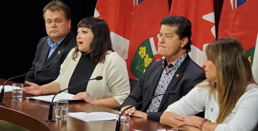 The Ontario Health Coalition released the report "Caring in Crisis: Ontario's Long-Term Care PSW Shortage,", developed in partnership with UNIFOR in a press conference at the Ontario legislature. Image: Ontario Health Coalition/Facebook