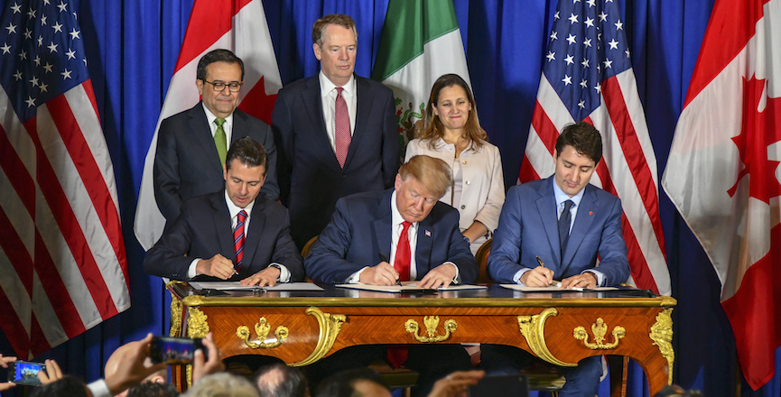 President Trump, Canadian Prime Minister Trudeau and Mexican President Enrique Peña Nieto sign the U.S.-Mexico-Canada trade agreement during a ceremony in Buenos Aires, on the margins of the G-20 Leaders' Summit on November 30, 2018. Image: U.S. Department of State/Flickr