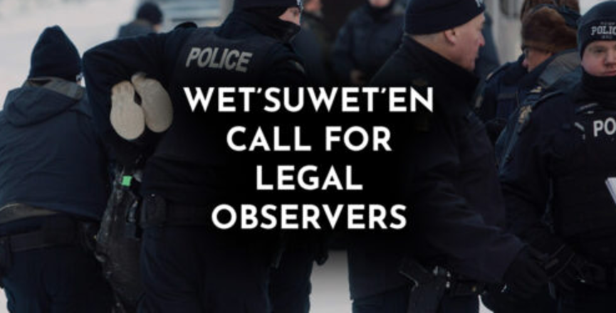 Unisto't'en camp calls for legal observers. Image: Peace Brigades Canada/Twitter