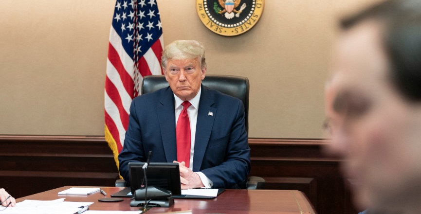 President Donald Trump participates in a governors' video teleconference about COVID-19 on Thursday, March 26, 2020, in the White House Situation Room. Image: Shealah Craighead/White House/Flickr