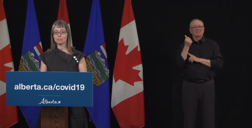 Alberta Chief Officer of Health Deena Hinshaw at Monday's daily COVID-19 briefing in Edmonton. Image: Screenshot of Government of Alberta video