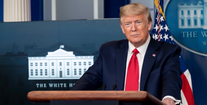 President Donald Trump addresses his remarks during the coronavirus update briefing April 8, 2020, in the White House. Image: D. Myles Cullen/The White House/Flickr