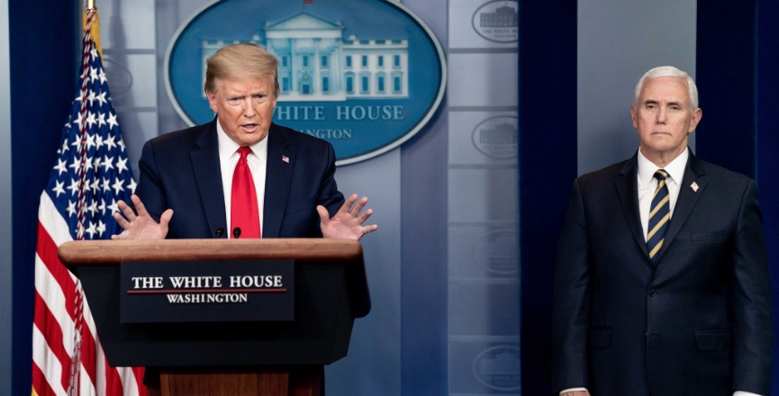 President Donald Trump, joined by Vice President Mike Pence, at a coronavirus update briefing Wednesday, April 22, 2020, in the White House. Image: D. Myles Cullen/The White House/Flickr