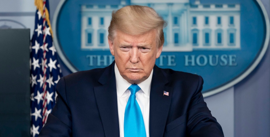 President Donald Trump listens and responds to questions from members of the press Tuesday, April 7, 2020, in the White House. Image: Andrea Hanks/The White House/Flickr