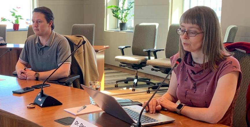 Alberta Agriculture Minister Devin Dreeshen and Chief Medical Officer of Health Deena Hinshaw during a telephone town hall with Cargill workers on Saturday, April 18, 2020. Image: Devin Dreeshen/Twitter