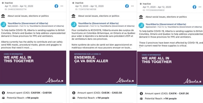 A screenshot of the Facebook ad library showing the Alberta government's ads promoting the shipment of 750,000 N95 medical masks to other provinces. Image: Facebook