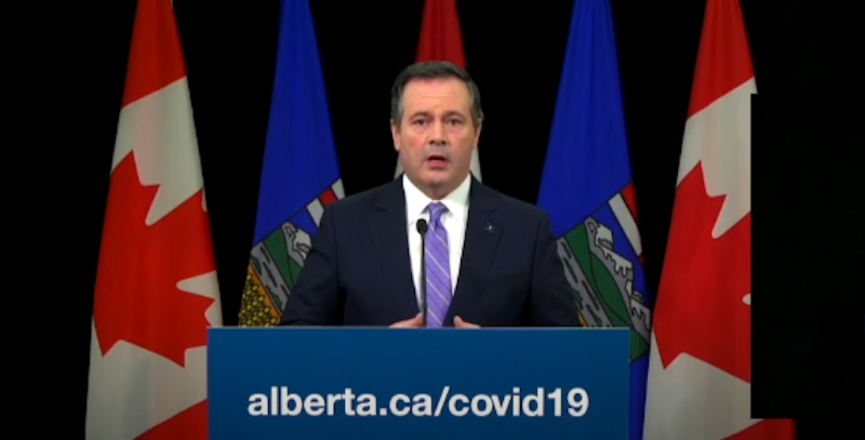 Alberta Premier Jason Kenney at Wednesday's COVID-19 briefing, when he offered his discourse on pension policy. Image: Screenshot of Government of Alberta video