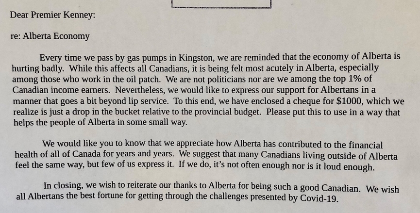 A letter purportedly sent by a resident of Kingston, Ontario, to Alberta Premier Jason Kenney. Image: Jason Kenney/Twitter