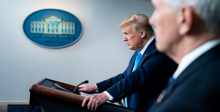 U.S. President Donald Trump answers questions from the press about COVID-19 on April 7, 2020. Image: Tia Dufour/The White House/Flickr