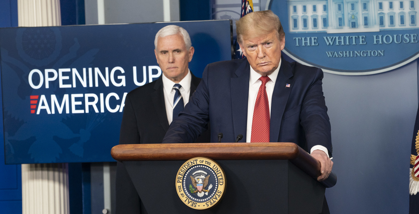 President Donald Trump, joined by Vice-President Mike Pence and members of the White House COVID-19 coronavirus task force, delivers remarks and answers questions from members of the press during a coronavirus update briefing Thursday, April 16, 2020. Image: Joyce N. Boghosian/The White House/Flickr