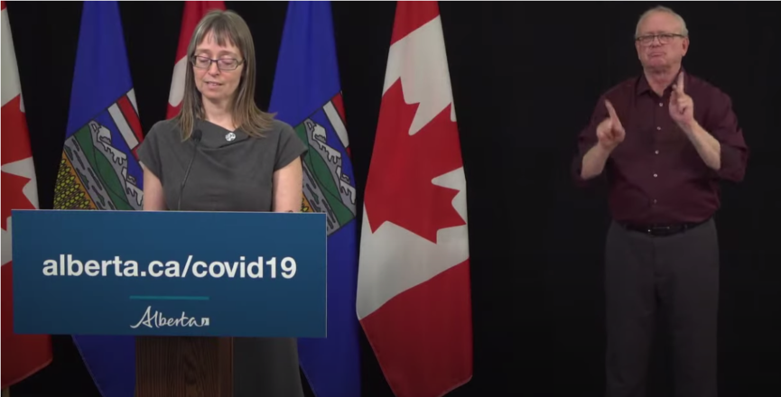 Dr. Deena Hinshaw, Alberta's chief medical officer of health during yesterday's daily COVID-19 briefing. Image: Screenshot of Government of Alberta Video/YouTube