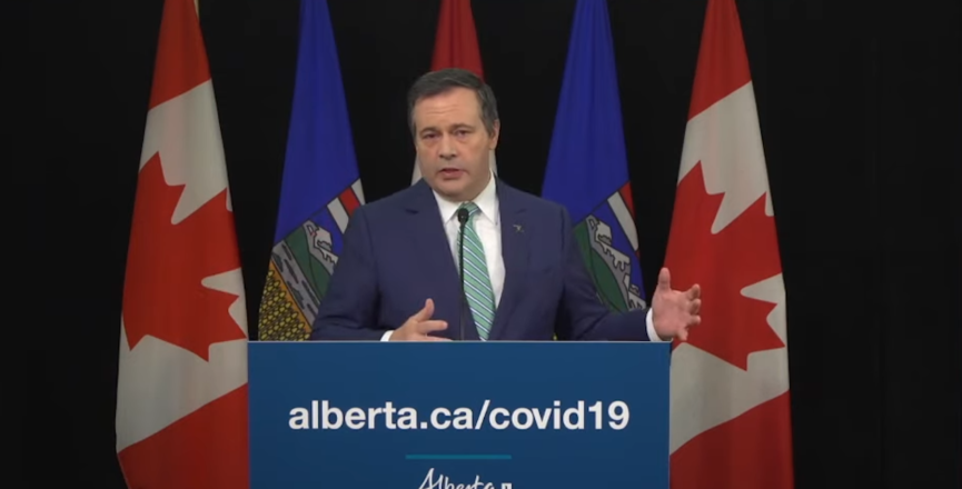 Alberta Premier Jason Kenney at Thursday's COVID-19 briefing. Image: Screenshot of Government of Alberta video