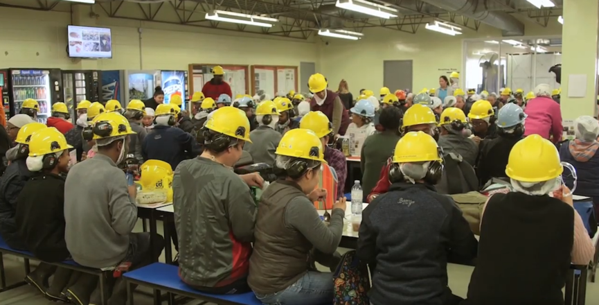 The scene in the lunchroom of the JBS slaughterhouse in Brooks, Alberta. Image: Screenshot of JBS Canada video/YouTube