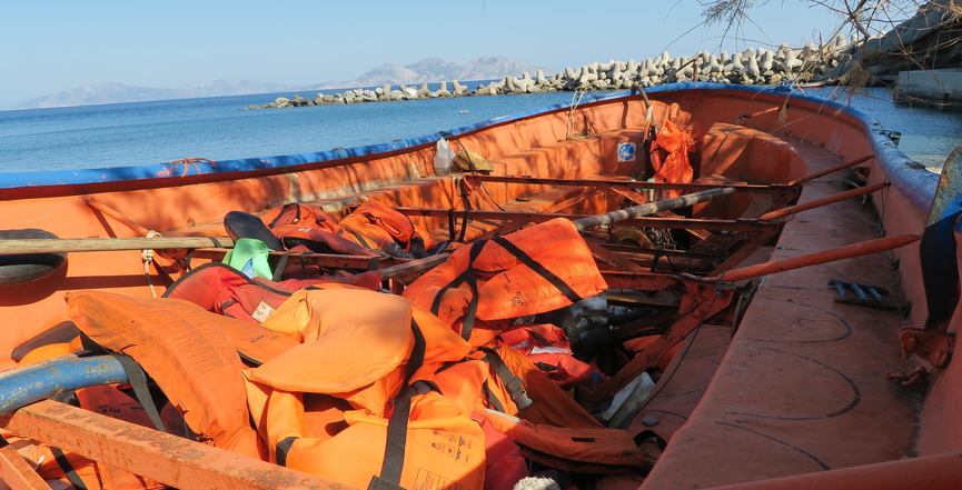 Originally a lifeboat on Adriatica Queen, Panama, this boat was used to ferry migrants from Turkey to Samos. Image: adamansel52/Flickr