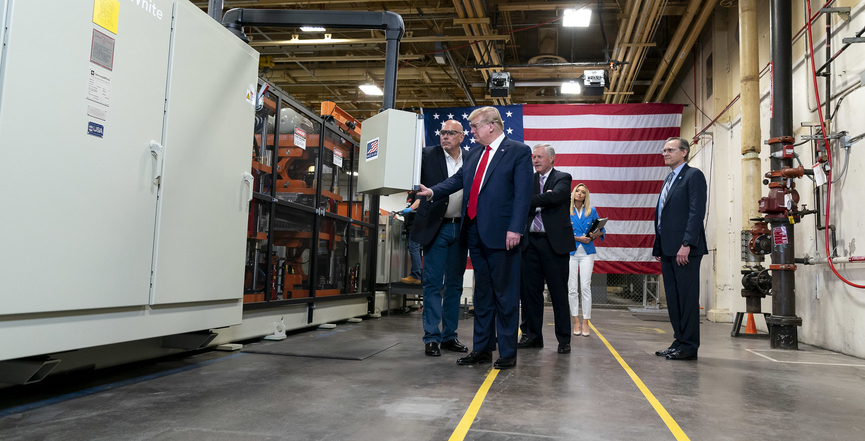 President Donald J. Trump tours the mask production assembly line Tuesday, May 5, 2020, at Honeywell International Inc. in Phoenix. (Image: Shealah Craighead/The White House/Flickr)