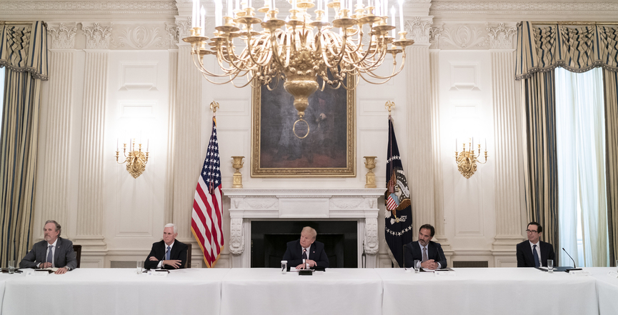 President Donald J. Trump, joined by Vice-President Mike Pence, participates in roundtable meeting with restaurant executives and industry leaders Monday, May 18, 2020. Image: The White House/Flickr