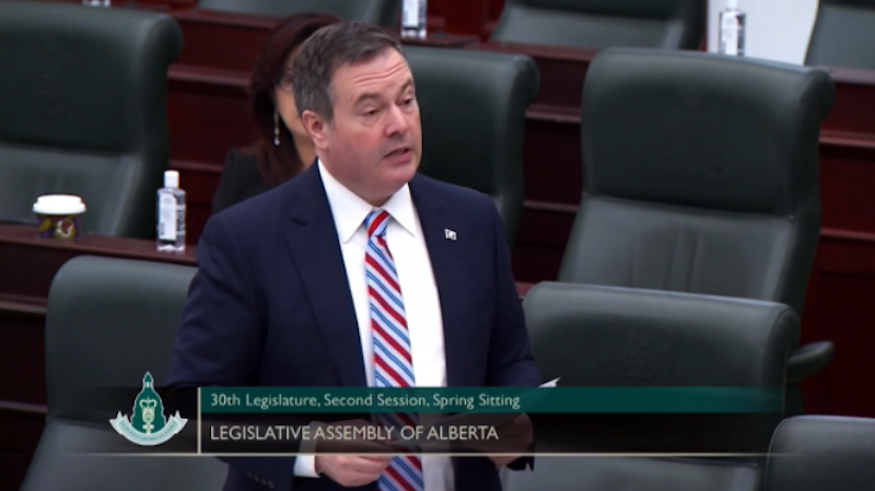 Alberta Premier Jason Kenney during his COVID-19 speech in the legislature last week. Image: Screenshot of Alberta legislature video