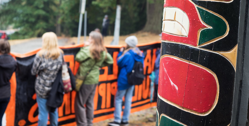 At the Kwekwexnewtxw Watch House and the Kinder Morgan Tank Farm in Burnaby, British Columbia, Canada. August 25, 2018. Image: Sally T. Buck/Flickr