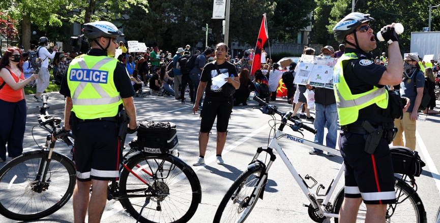 Police at the June 6, 2020 Black Lives Matter protest in Toronto. (Image: Photo by Mitchel Raphael)