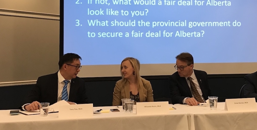 Fair deal panel members, UCP MLAs Tany Yao, Miranda Rosin and Drew Barnes (Photo: David J. Climenhaga).