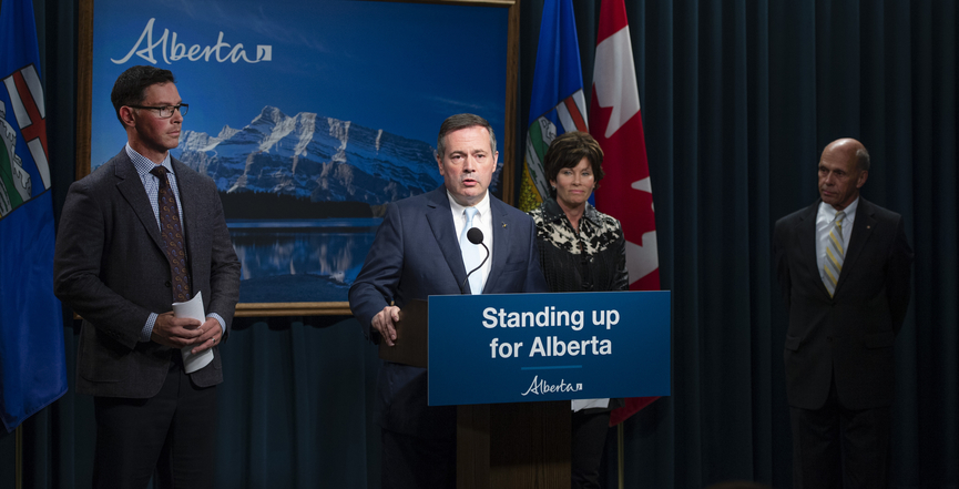 Premier Jason Kenney, Minister of Energy Sonya Savage and Minister of Justice and Solicitor General Doug Schweitzer announce the launch of a public inquiry into foreign-funded "anti-Alberta energy" campaigns in April, 2019. Image: Alberta Newsroom/Flickr