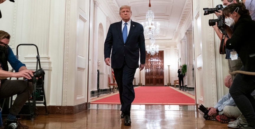 President Donald Trump walks into the East Room of the White House to address his remarks on Operation Legend: Combatting Violent Crime in American Cities. Image: White House/Flickr/Shealah Craighead